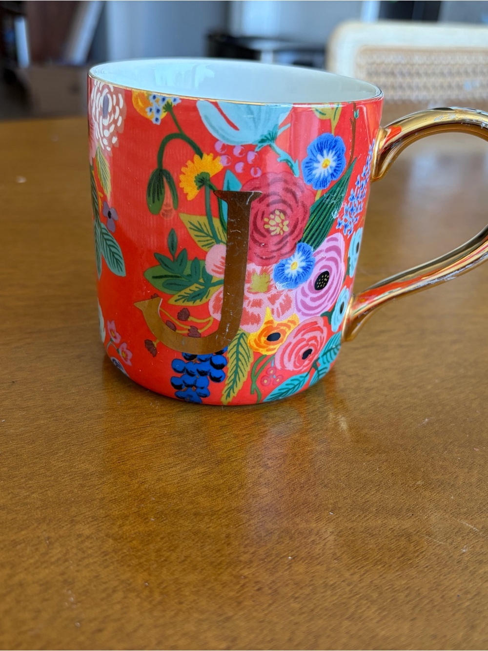 Rifle Paper Co Anthropologie Garden Party Monogram J Mug Red Floral Gold Handle